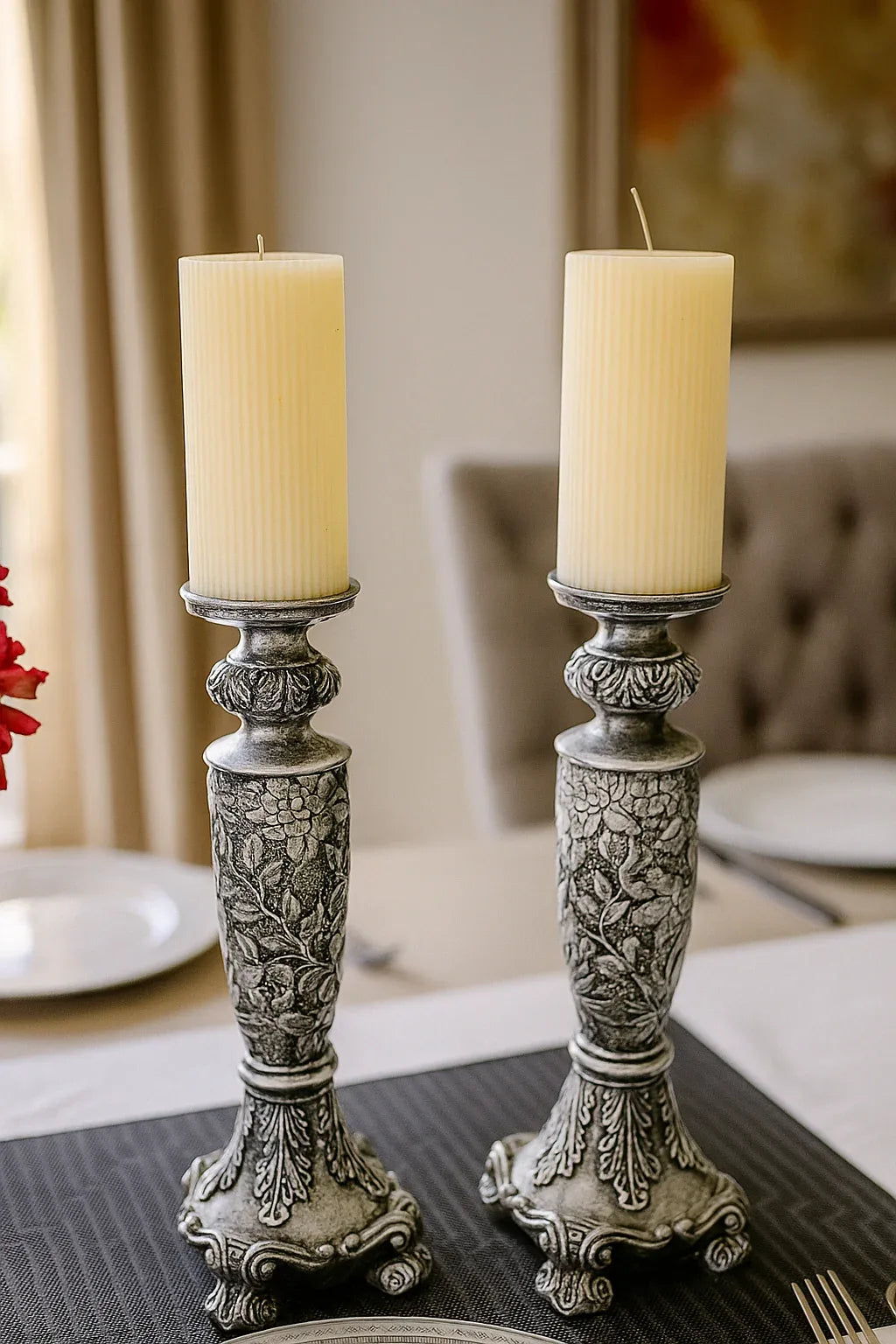 Antique Silver Candle Stand 011 – Resin Décor Piece Pakistan