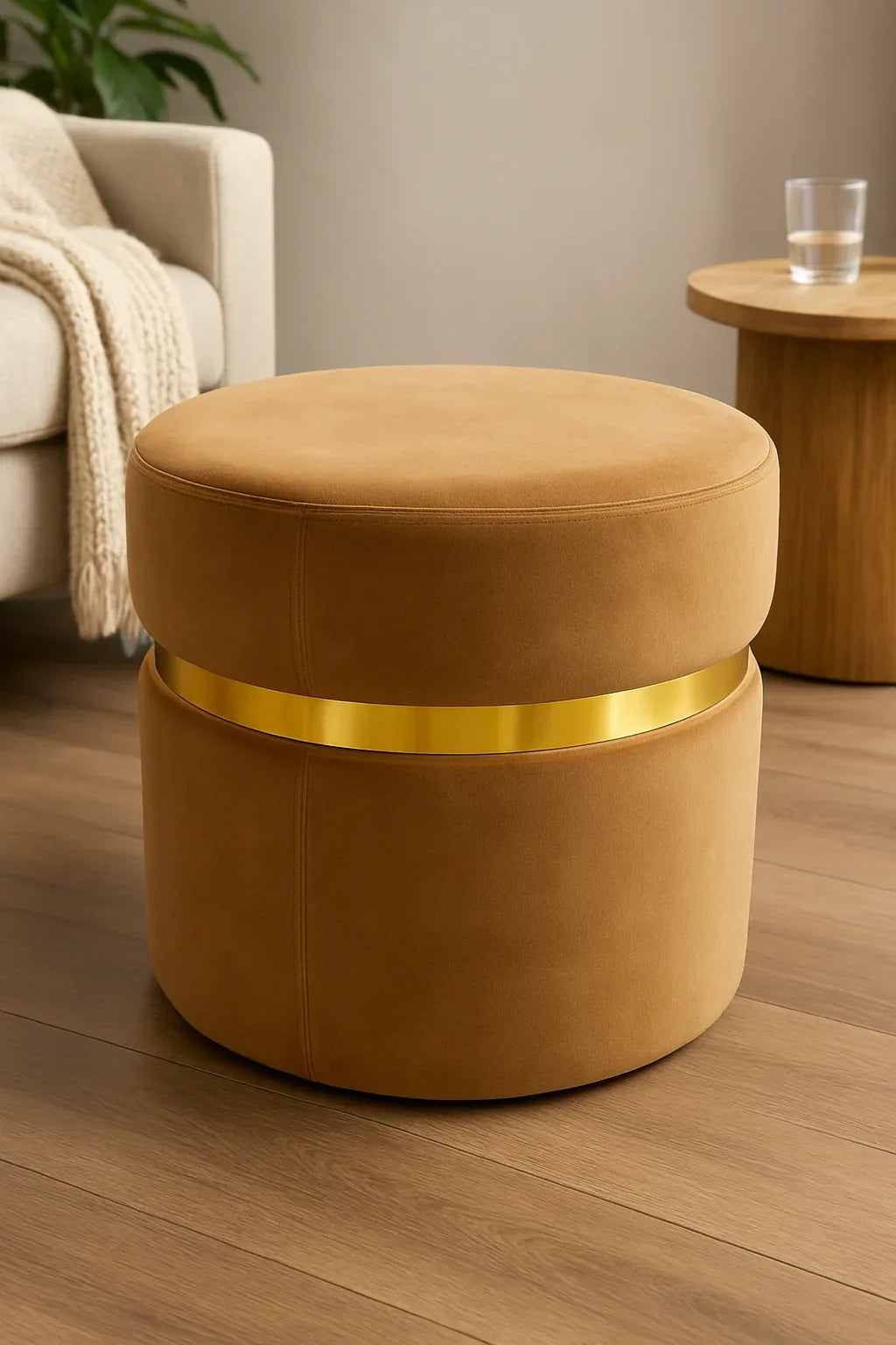 Brown Gold Premium Round Stool – Elegant Fabric Seating