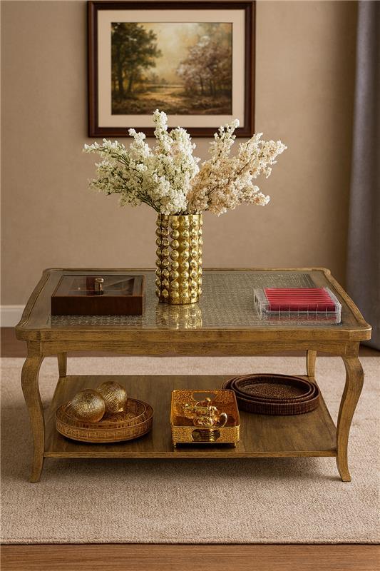 Double Top Gold Cane Center Table – Wood & Glass
