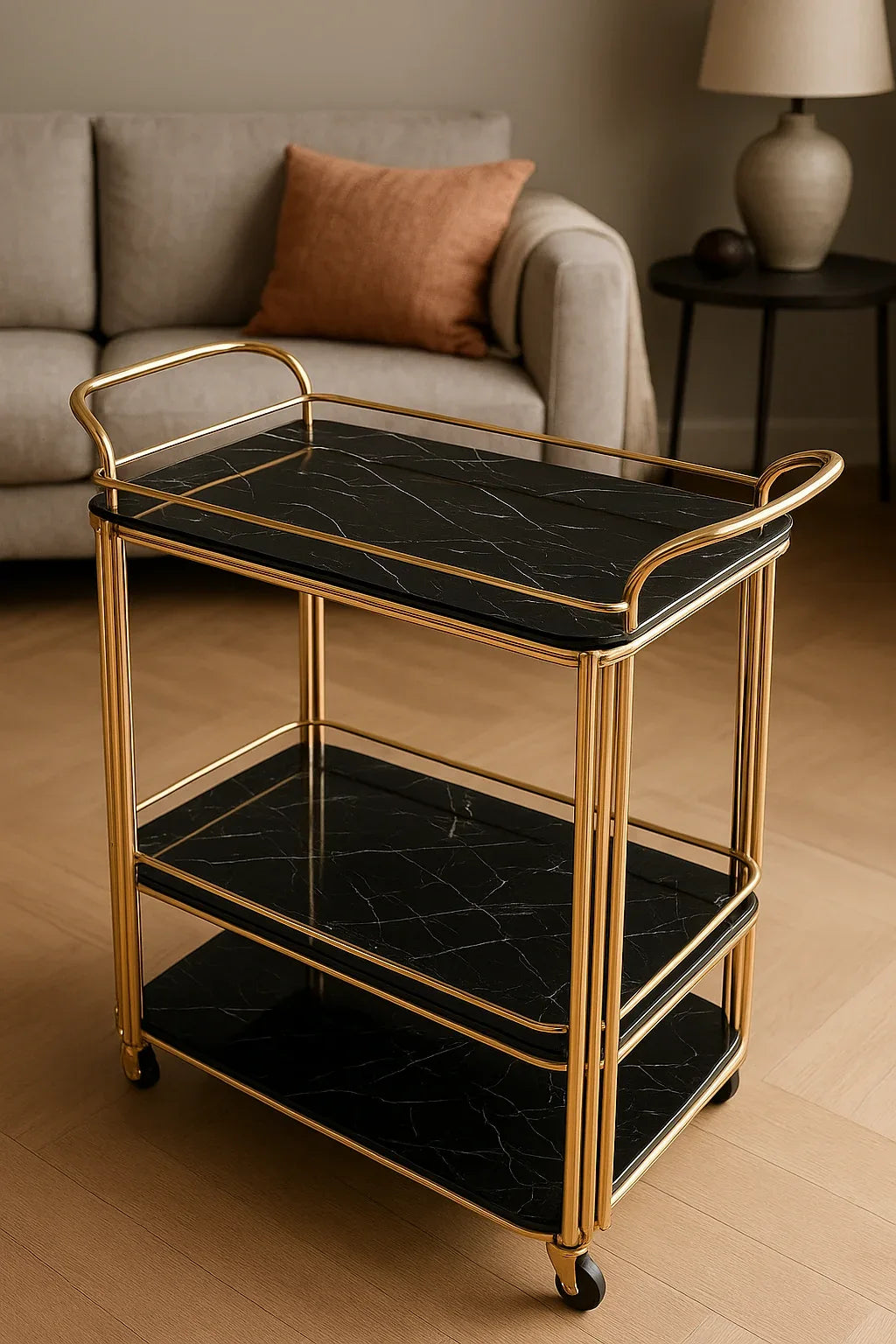 Imported Tea Trolley Black – Brass & Marble Finish