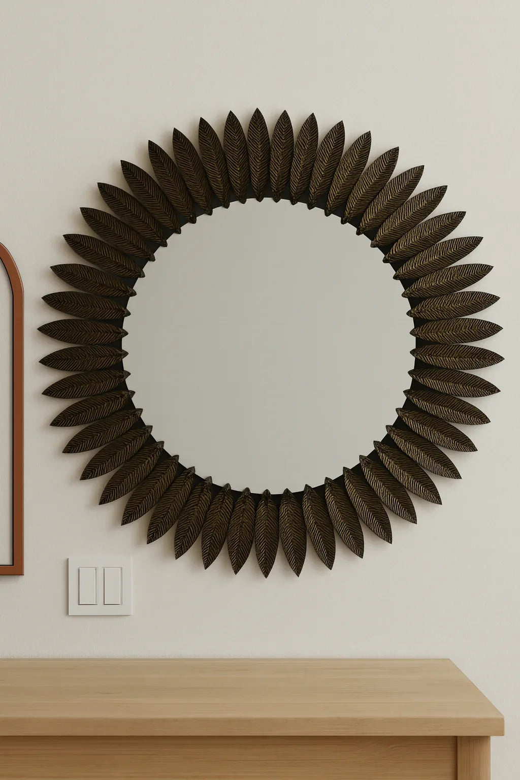 Large Black Leaf Mirror in Pakistan – 33" Round Wall Mirror