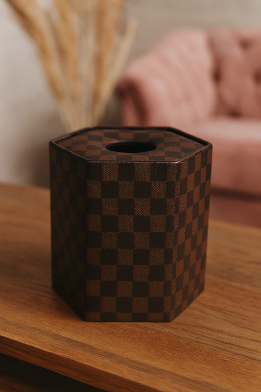Round Leather Tissue Box – Dark Brown Check Design