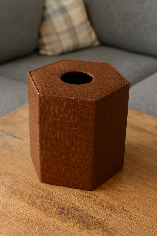 Leather Tissue Box Round 06 – Brown Imported