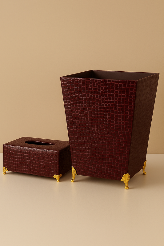 Leather Tissue Box & Dustbin Set – Premium Wooden Finish