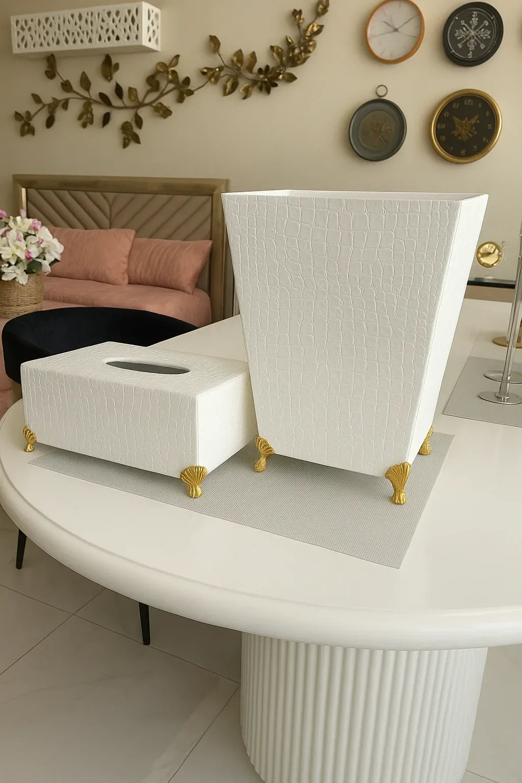 Leather Tissue Box & Dustbin Set – Premium Wooden Finish