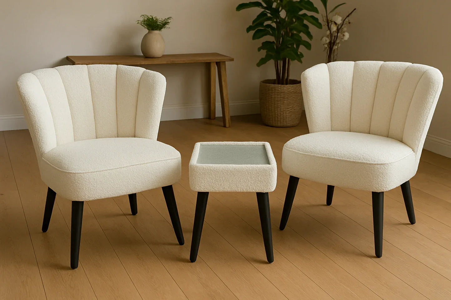Luna Chair Boucle White with Table – Modern Set Pakistan