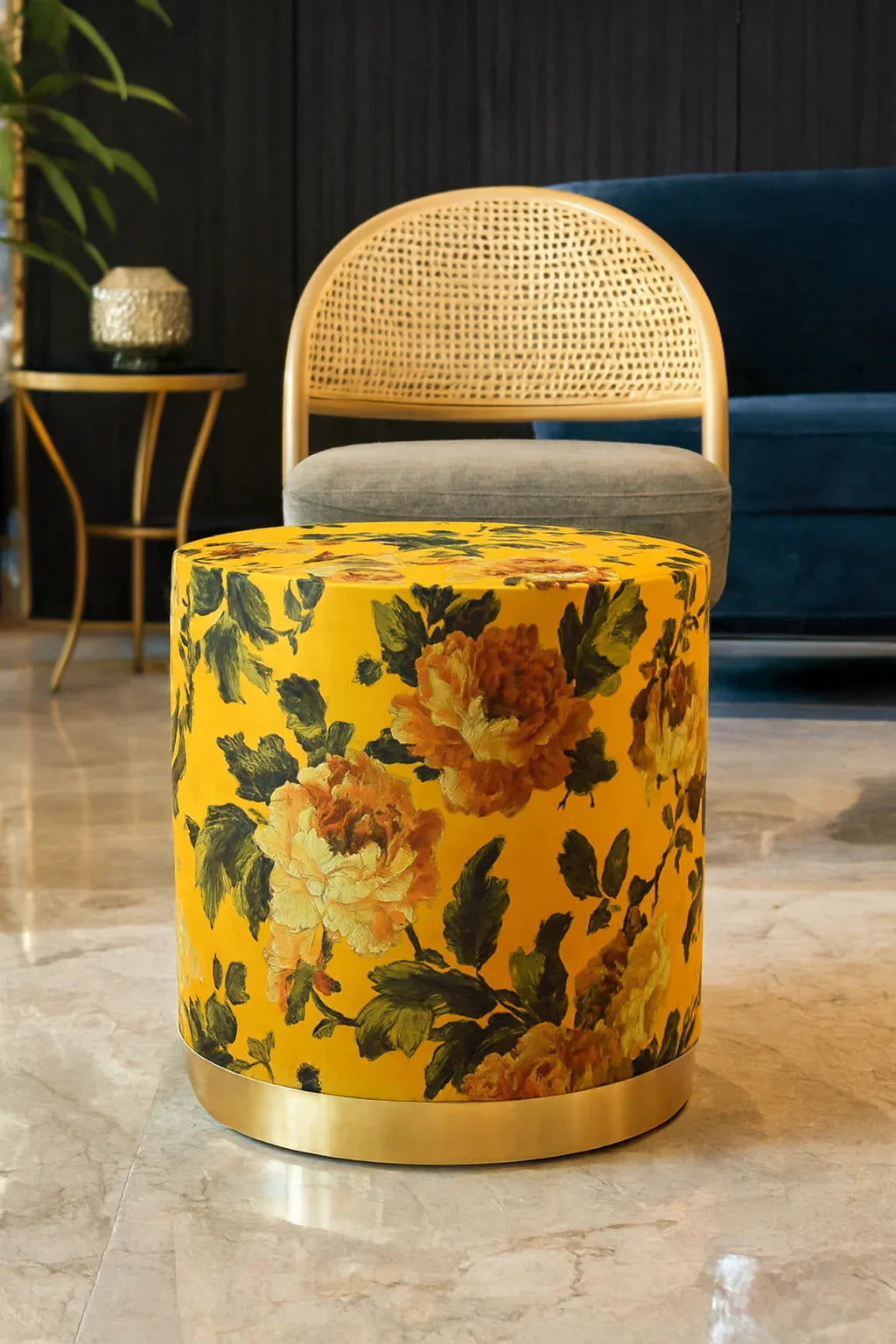 Mustard Printed Premium Round Stool | Luxury Fabric Stool