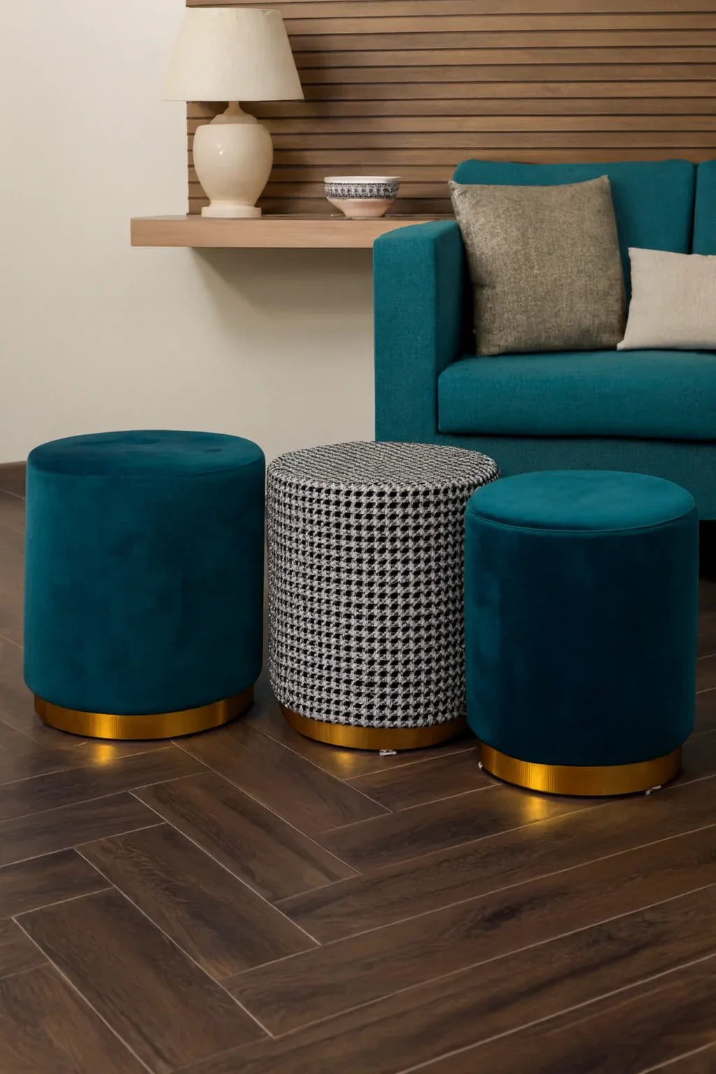 Premium Round Stool Green | Fabric Stool with Gold Edge