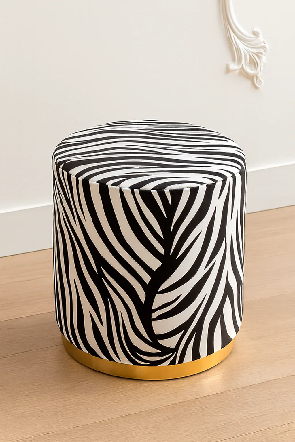 Premium Round Stool Zebra Print | Gold Edge Fabric Stool