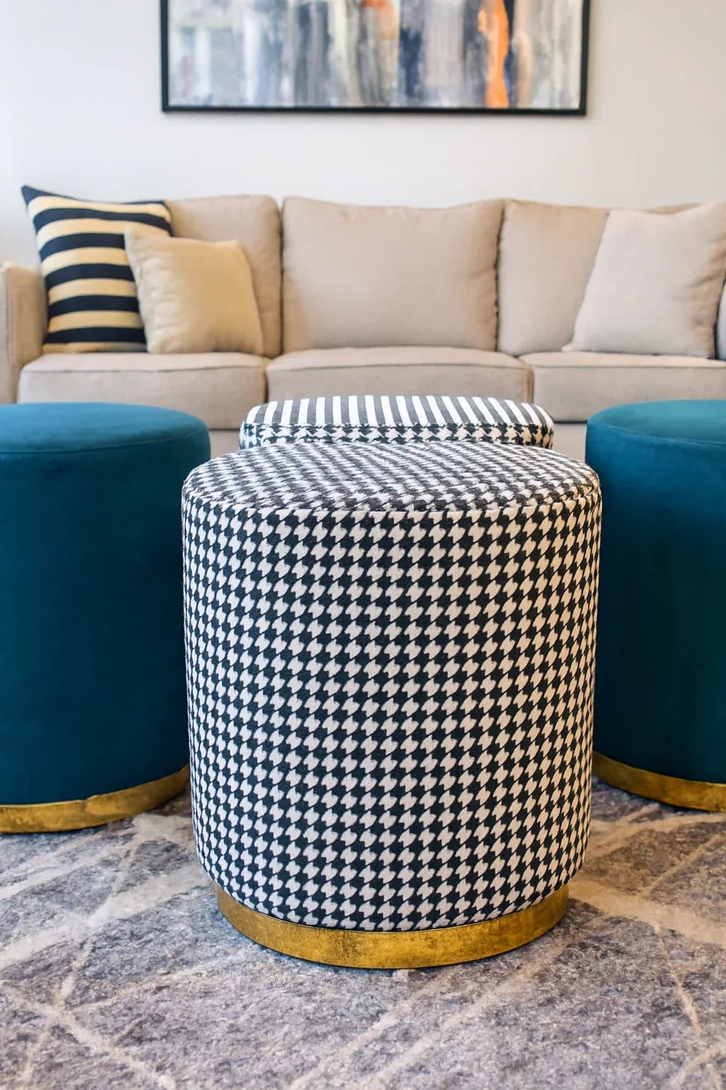 Premium Round Stool Black & White | Velvet Fabric Stool