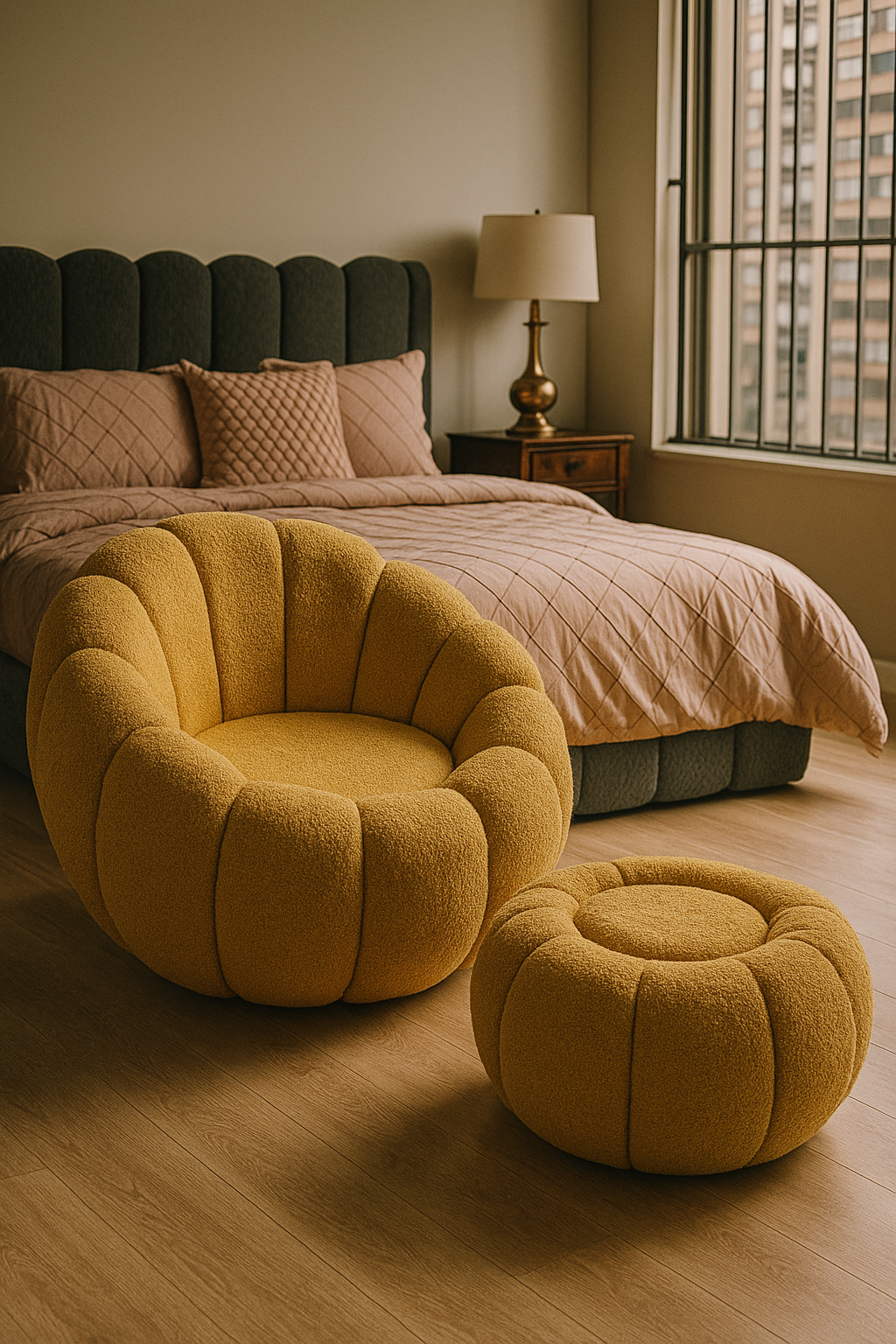 Pumpkin Boucle Chair & Stool – Luxury Lounge Set Pakistan