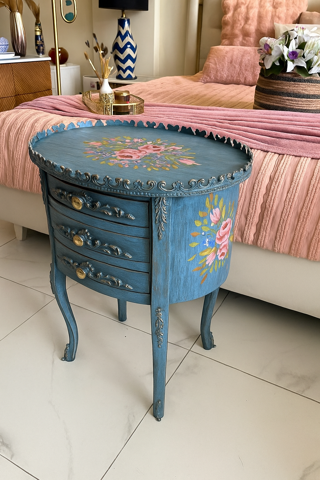 Rose Victorian Table – Hand Painted Wooden Accent Table Pakistan