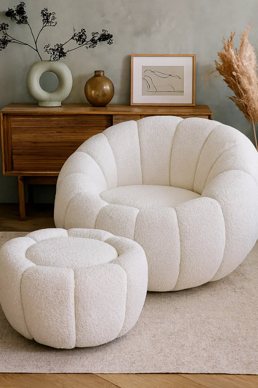 Round Bouclé Chair & Stool in Pakistan – Solid Wood