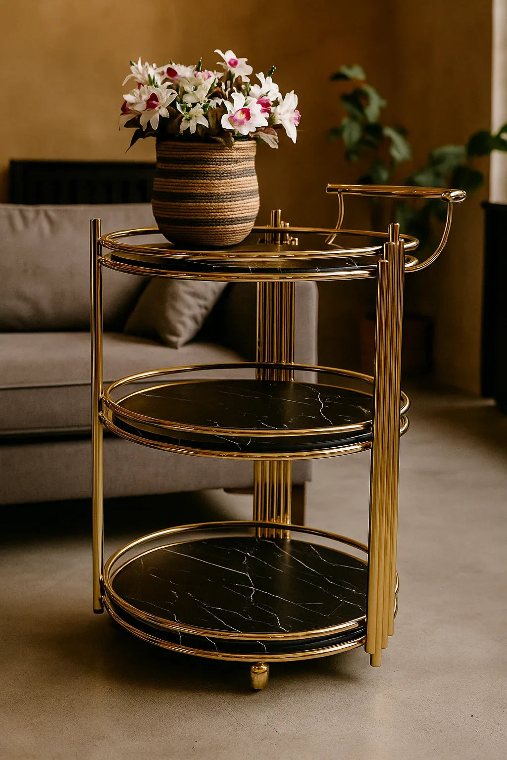 Round Tea Trolley – Brass & Marble Finish Trolley
