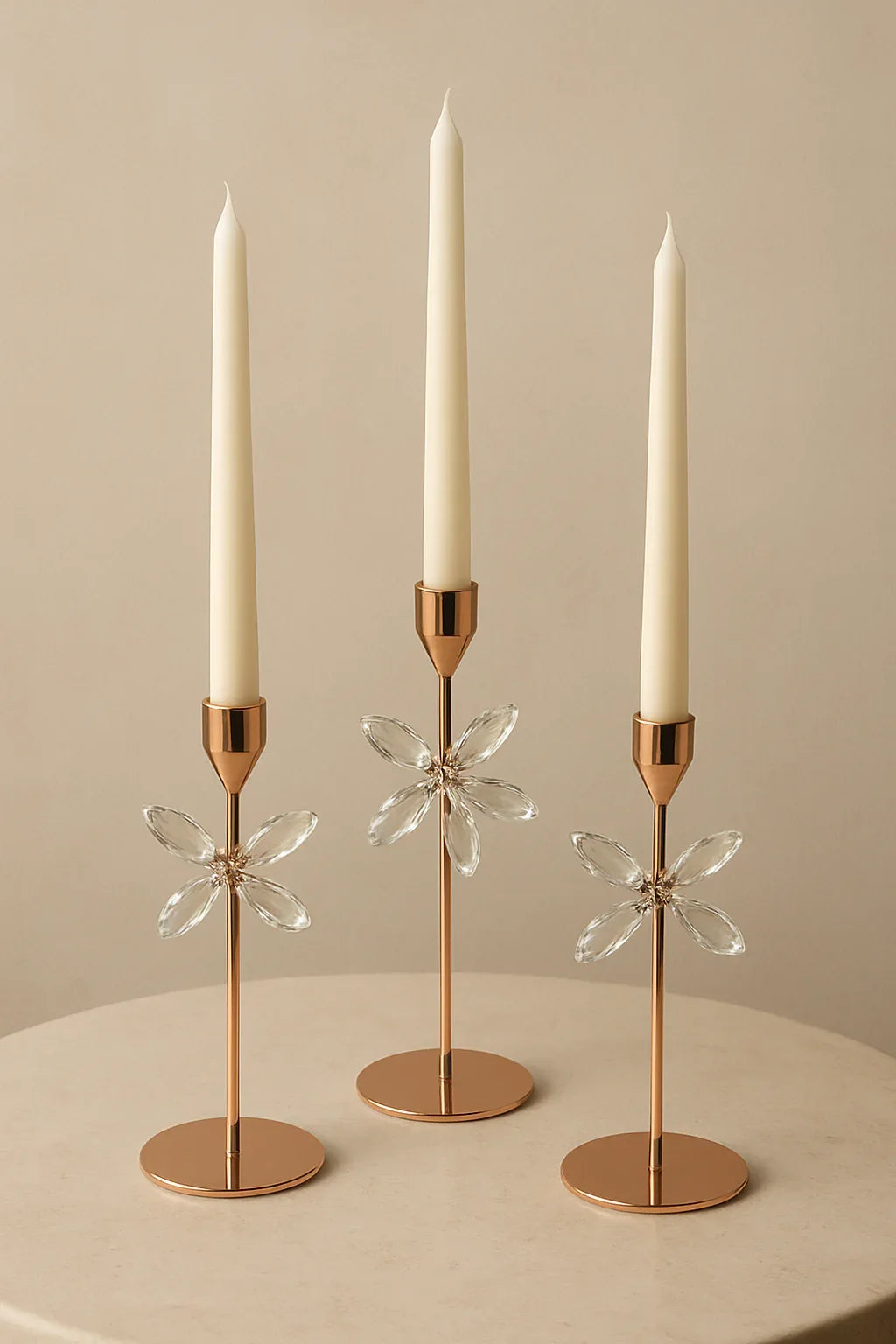 Set of 3 candle stands Gold Crystal flowers
