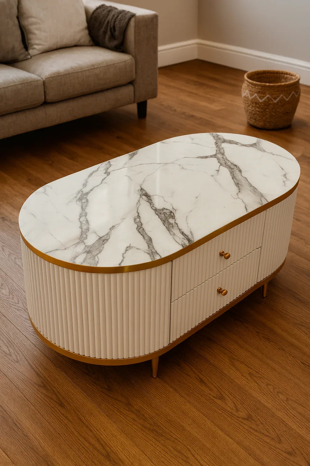 White Glor Coffee Table – MDF & Gold Legs with Drawers