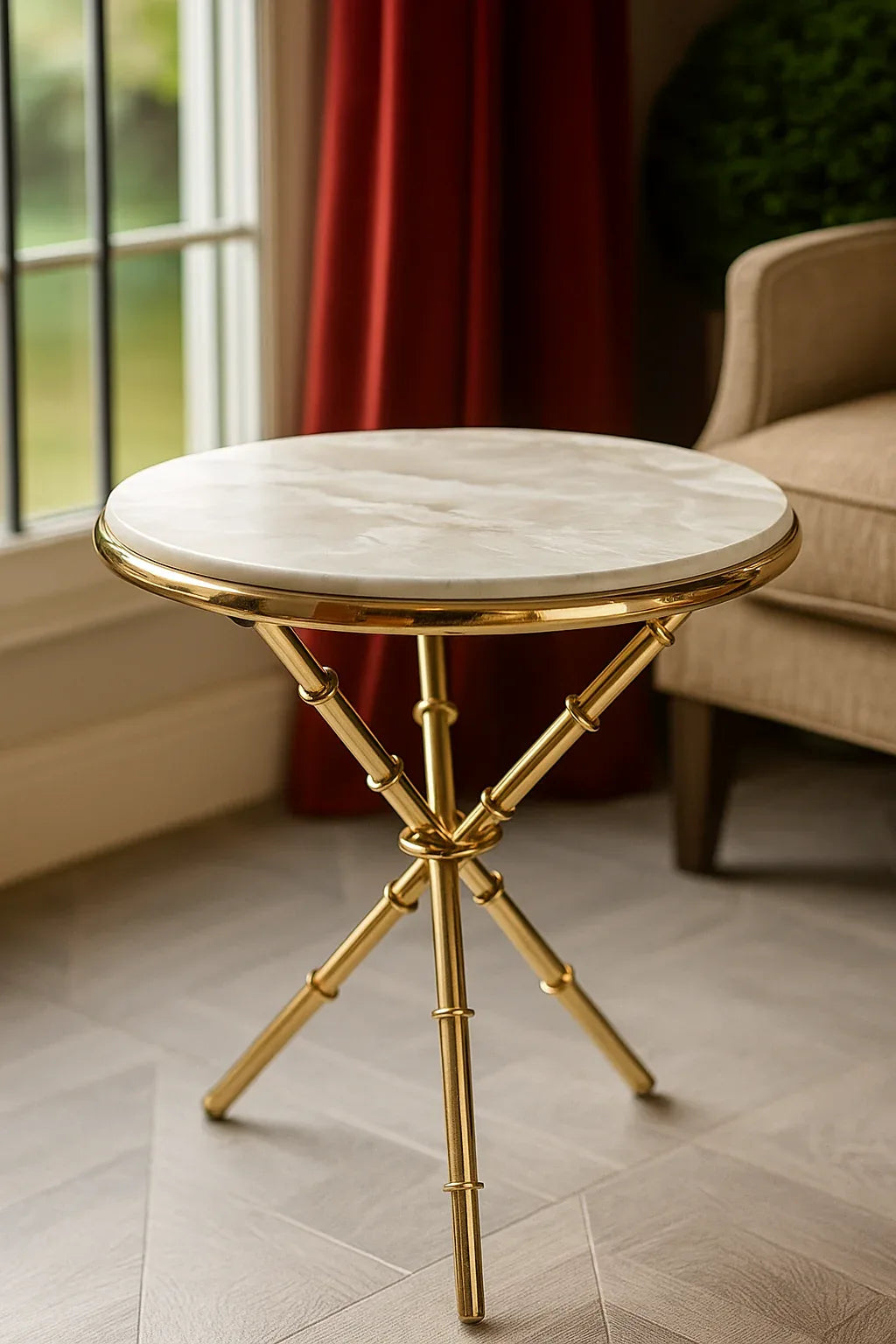 White Marble Top Table – Imported Brass Accent Table