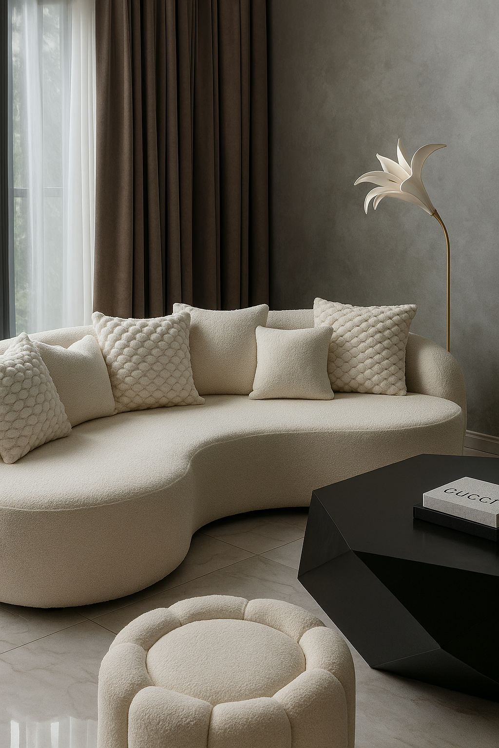 White Boucle Curved Sofa – Modern Luxury Seating