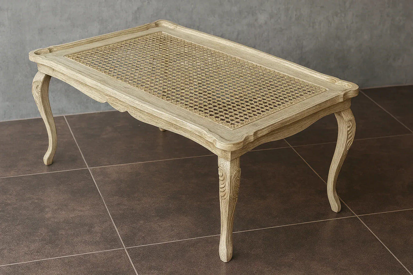 White Cane Center Table – Rectangle Wood & Glass