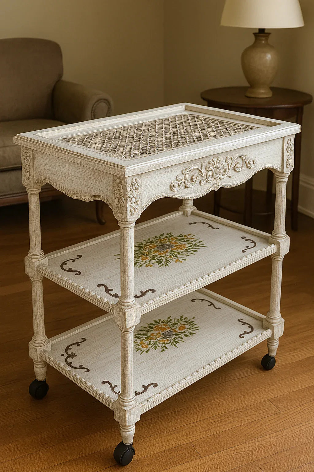 White Cane Wooden Trolley – Stylish MDF & Wood Trolley
