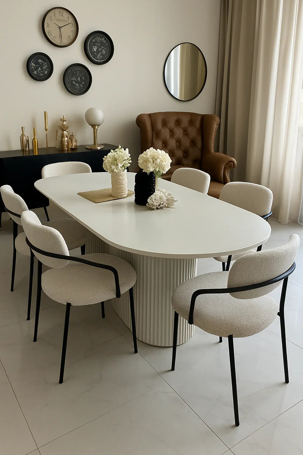White Deco Dining Table – Boucle Chair Set (6 & 8 Seater)