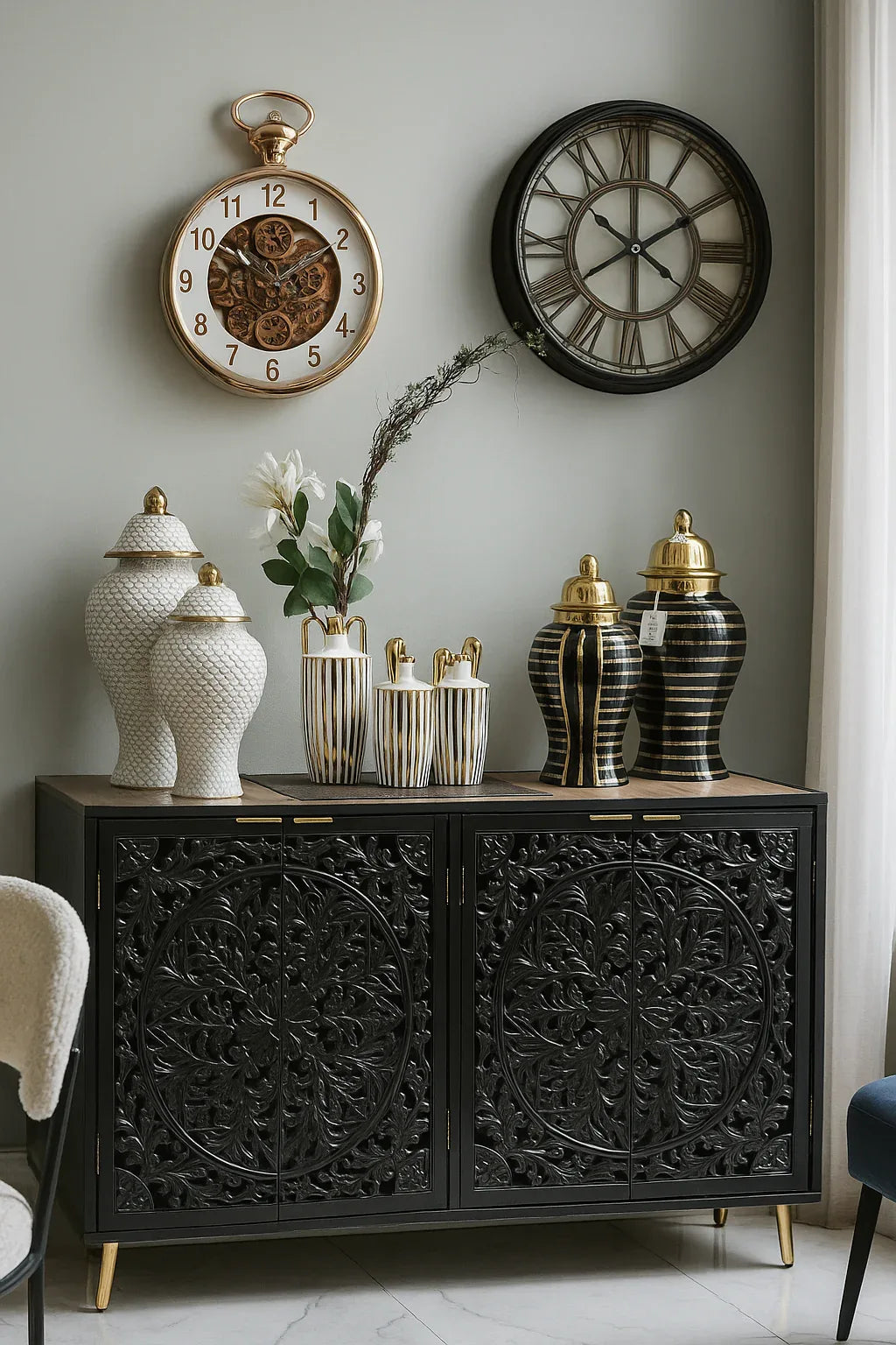 Black Amber Sideboard – Carved Luxury Storage Cabinet