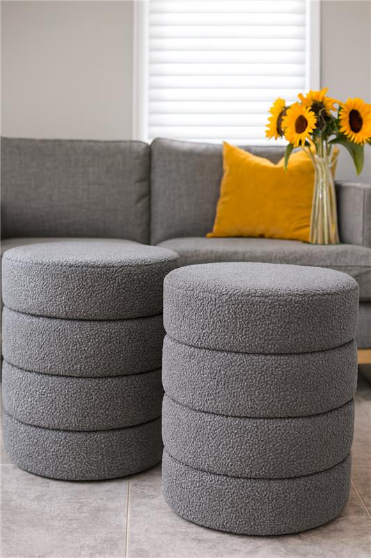 Boucle Round Stool Grey 0010 | Premium Fabric Stool