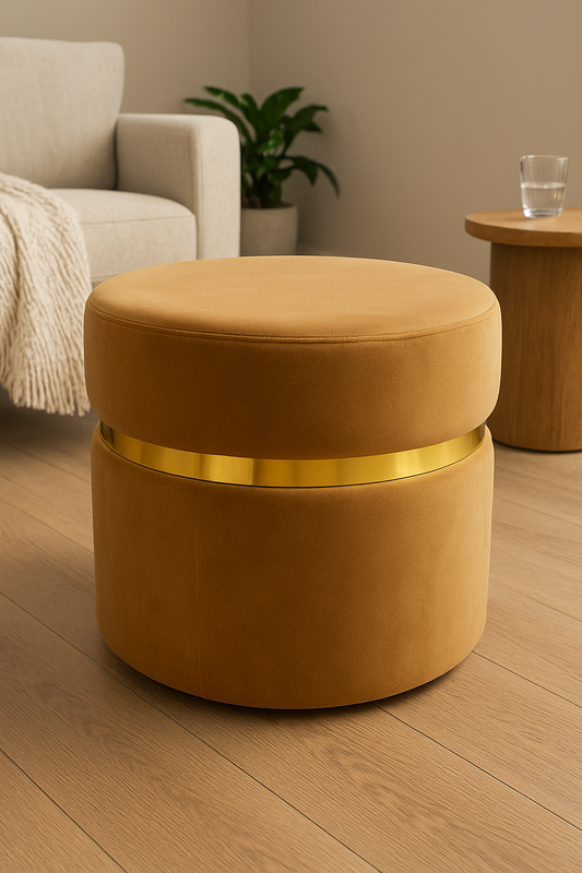 Brown Gold Premium Round Stool – Elegant Fabric Seating