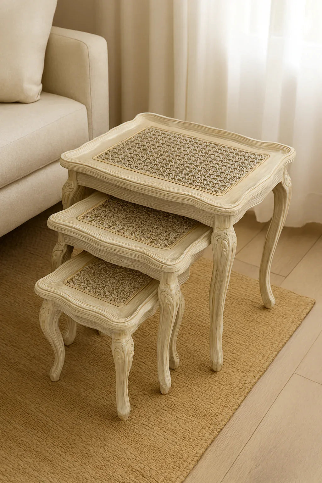 Cane Off White Nesting Tables Set of 3 in Pakistan