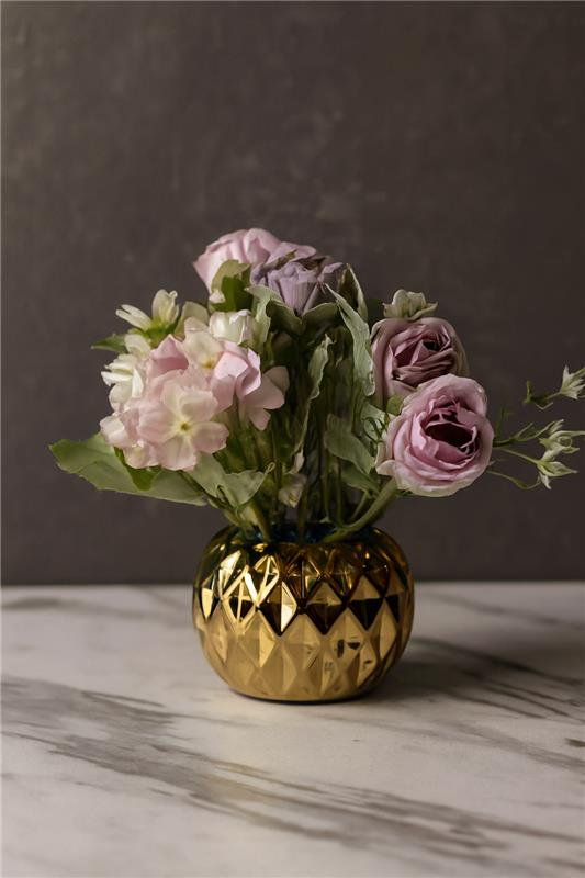 Ceramic Gold Planter 02 with Flowers | Luxury Décor Pot