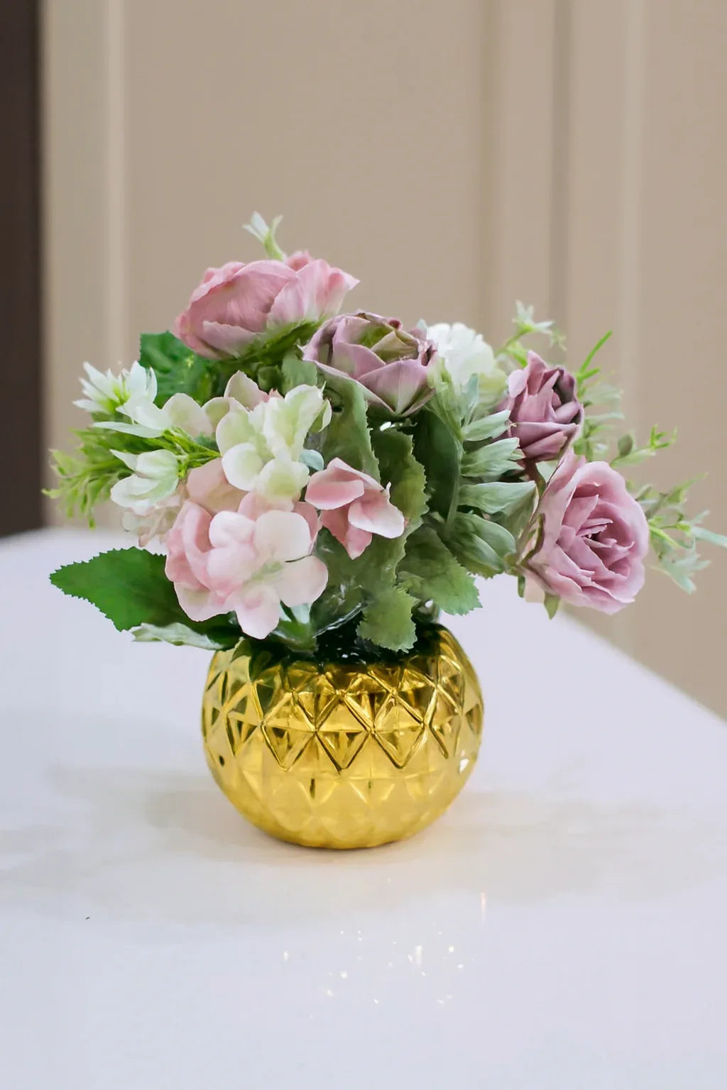 Ceramic Gold Planter 02 with Flowers | Luxury Décor Pot