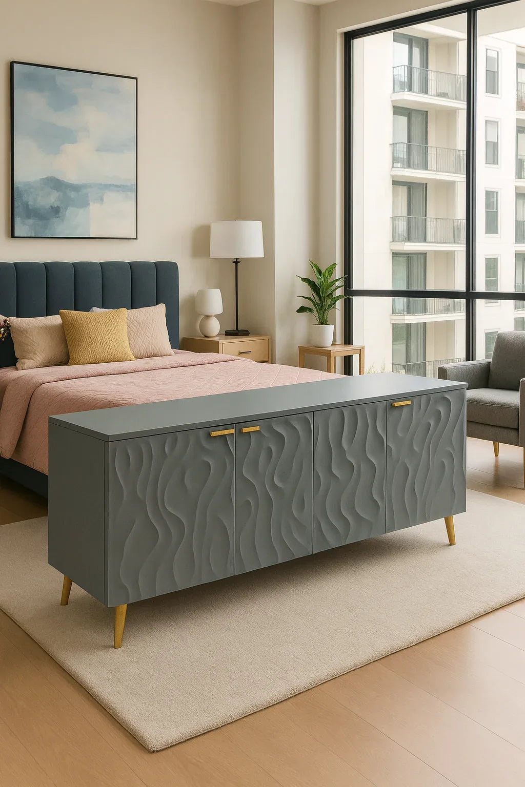Florence Grey TV Console – MDF, CNC Design, Modern Style