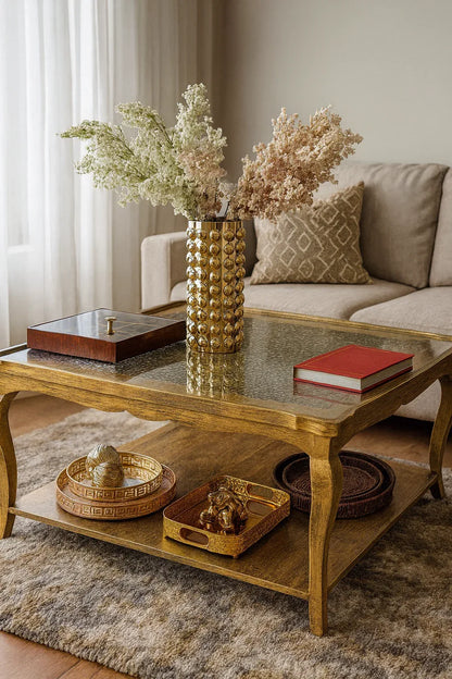 Double Top Gold Cane Center Table – Wood & Glass