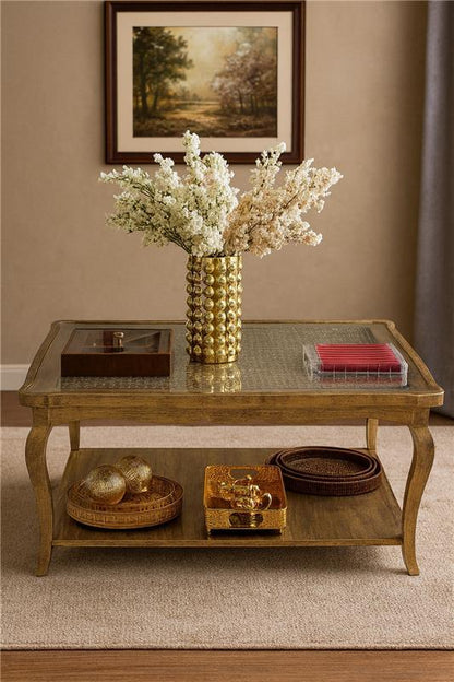 Double Top Gold Cane Center Table – Wood & Glass