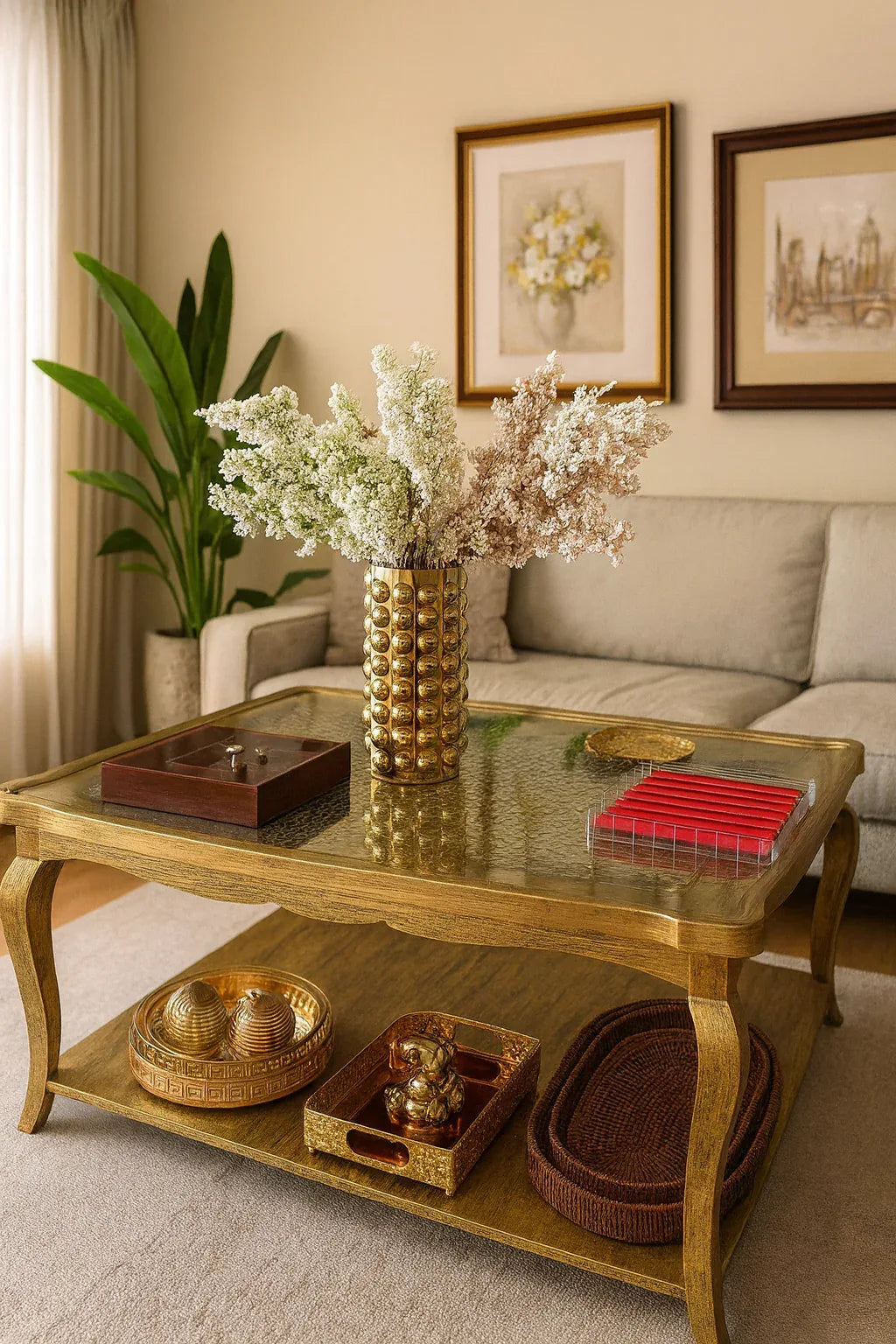 Double Top Gold Cane Center Table – Wood & Glass