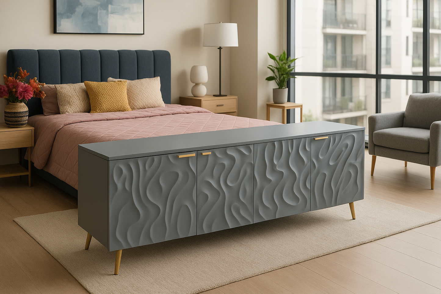 Florence Grey TV Console – MDF, CNC Design, Modern Style