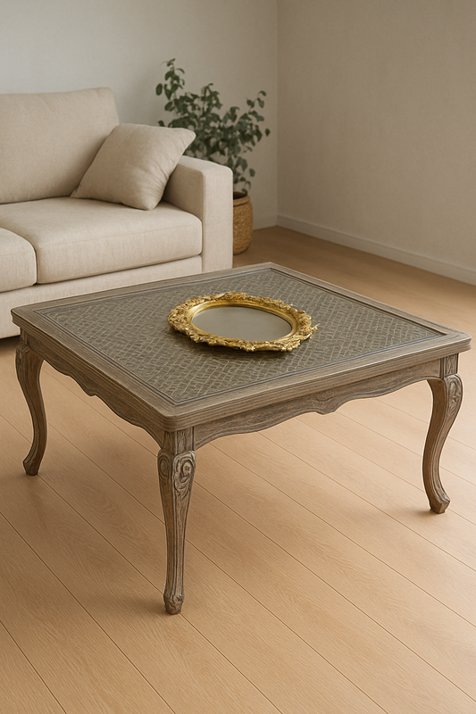 Gold Cane Center Table – Wood, Cane & Glass Top