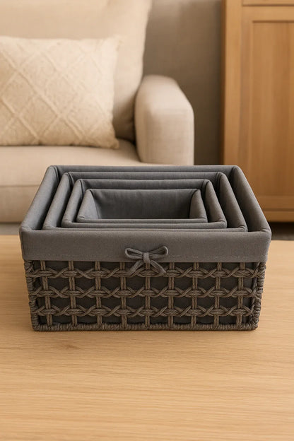 Grey Hand Woven Rattan Storage Baskets – Set of 4 Imported