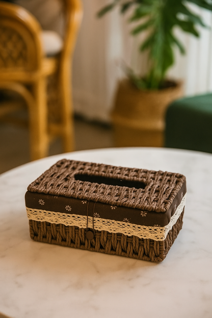 Hand Woven Rattan Tissue Box – Dark Brown Elegance