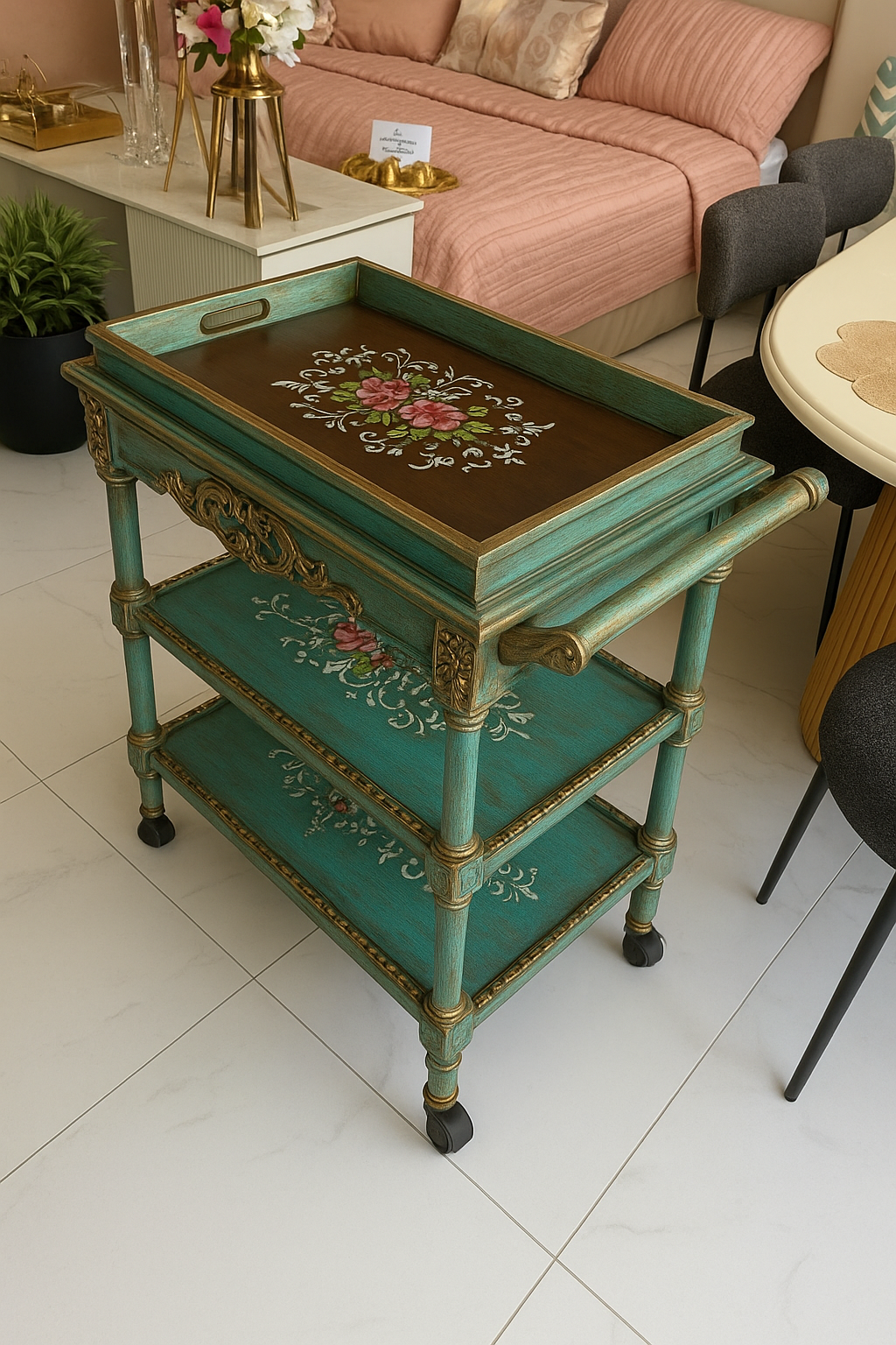 Hand Painted Trolley 05 – 3-Tier Wooden Tea Trolley