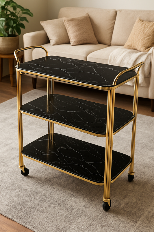 Imported Tea Trolley Black – Brass & Marble Finish
