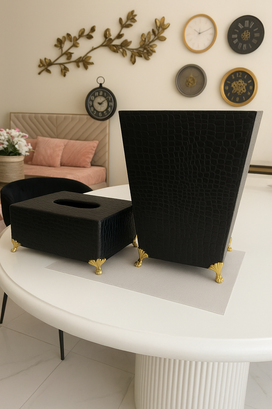 Leather Tissue Box & Dustbin Set – Premium Wooden Finish