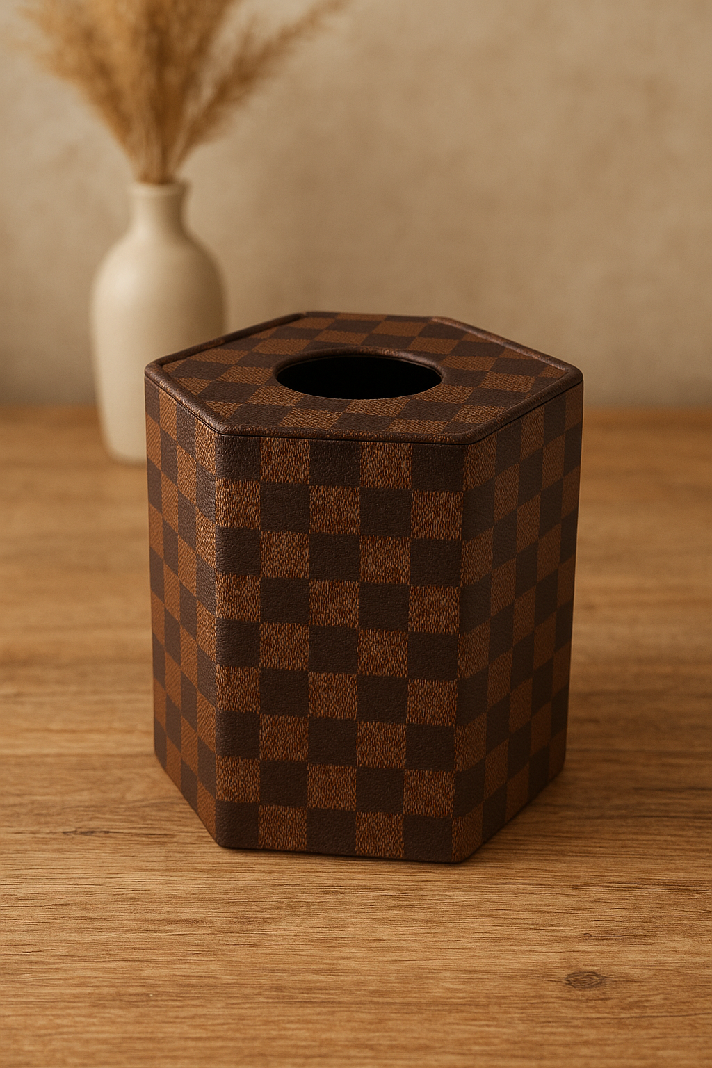 Round Leather Tissue Box – Dark Brown Check Design