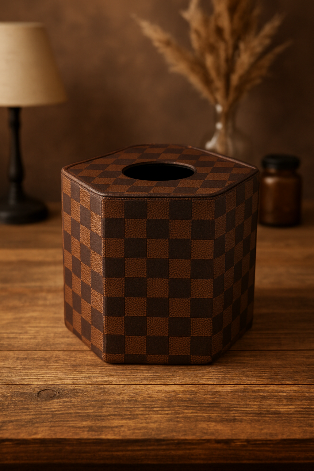 Round Leather Tissue Box – Dark Brown Check Design