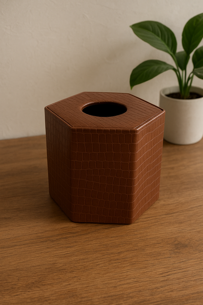 Leather Tissue Box Round 06 – Brown Imported