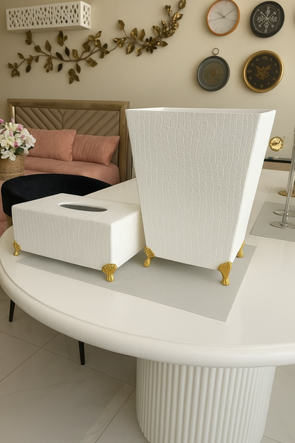 Leather Tissue Box & Dustbin Set – Premium Wooden Finish