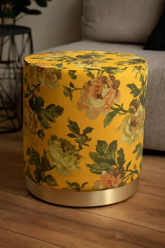 Mustard Printed Premium Round Stool | Luxury Fabric Stool