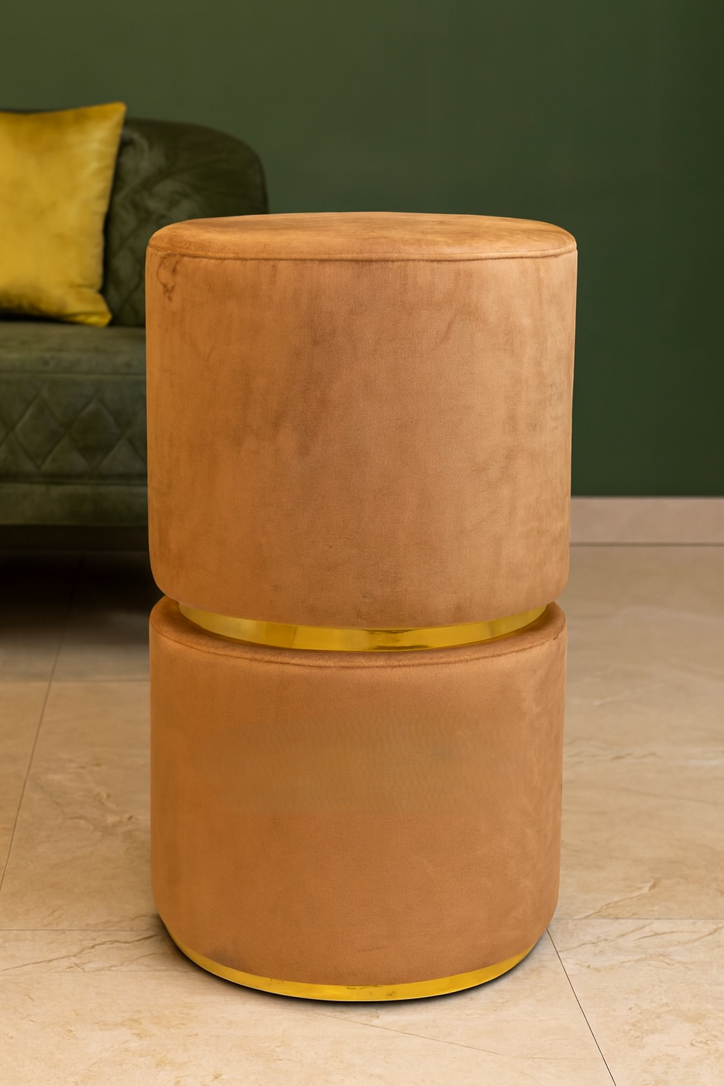 Premium Round Stool Brown | Fabric Stool with Golden Edge