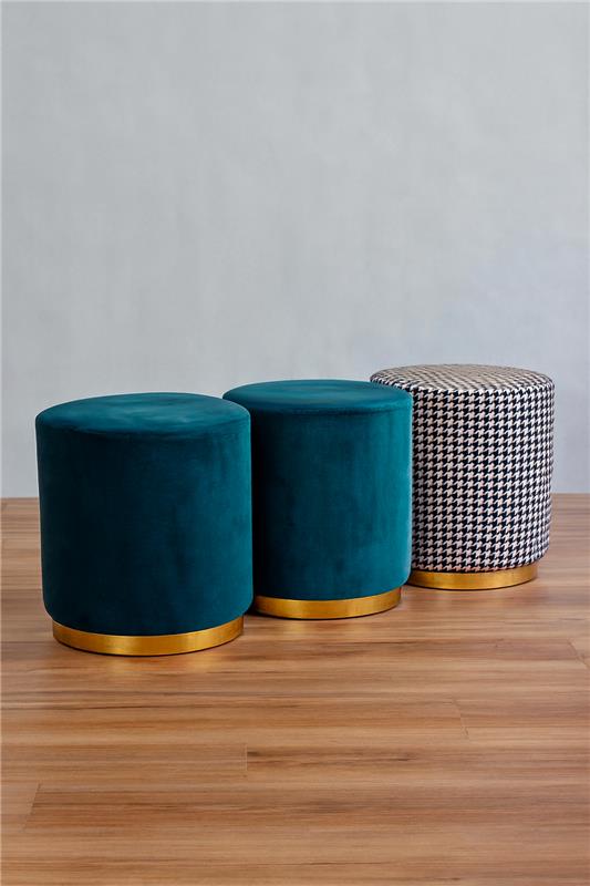 Premium Round Stool Green | Fabric Stool with Gold Edge