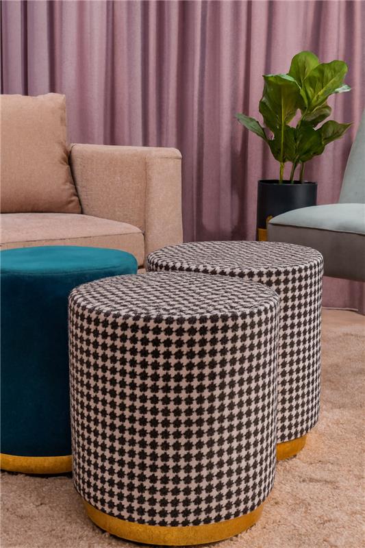 Premium Round Stool Black & White | Velvet Fabric Stool